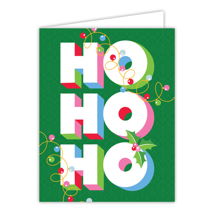 HO HO HO Colorful Ornaments and Holly Greeting Card