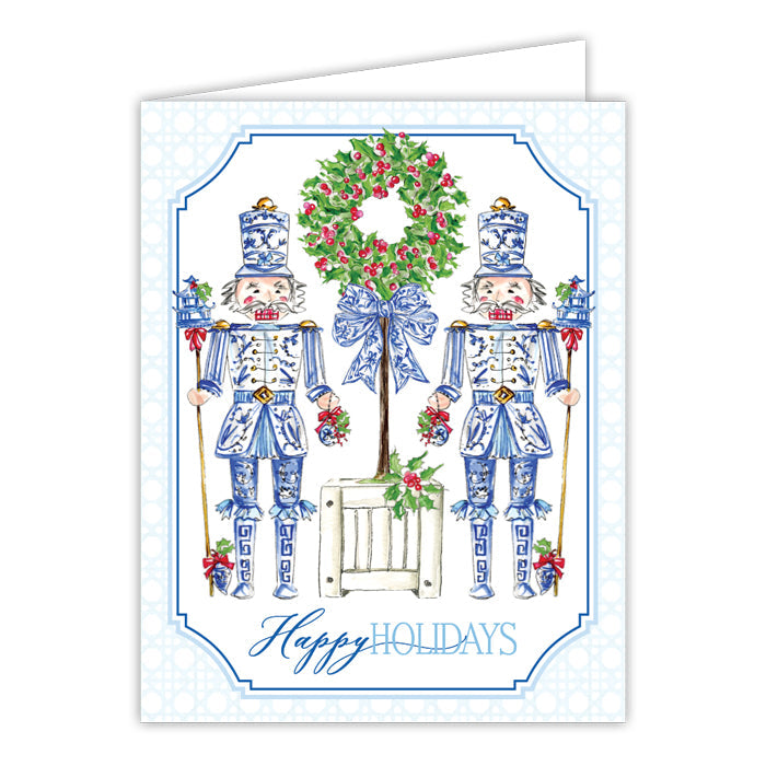 Happy Holidays Blue Chinoiserie Nutcrackers Greeting Card