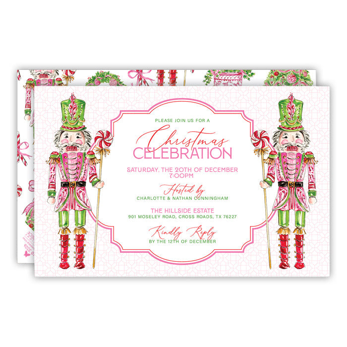 Pink Peppermint Nutcrackers and Topiary Large Flat Invitation