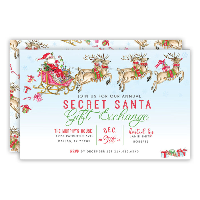 Santa Sleighwith Reindeer Large Flat Invitation