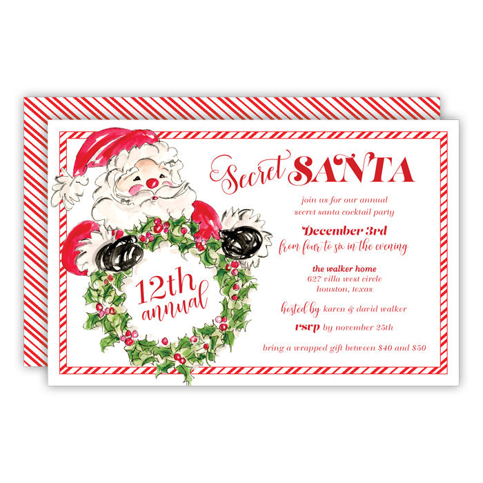 Santa with Christmas Wreath Large Flat Invitation
