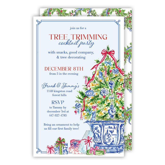 Chinoiserie Christmas Tree with Gifts Large Flat Invitation