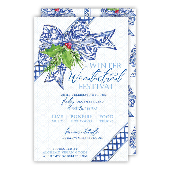 Blue and White Christmas Bow with Holly Large Flat Invitation
