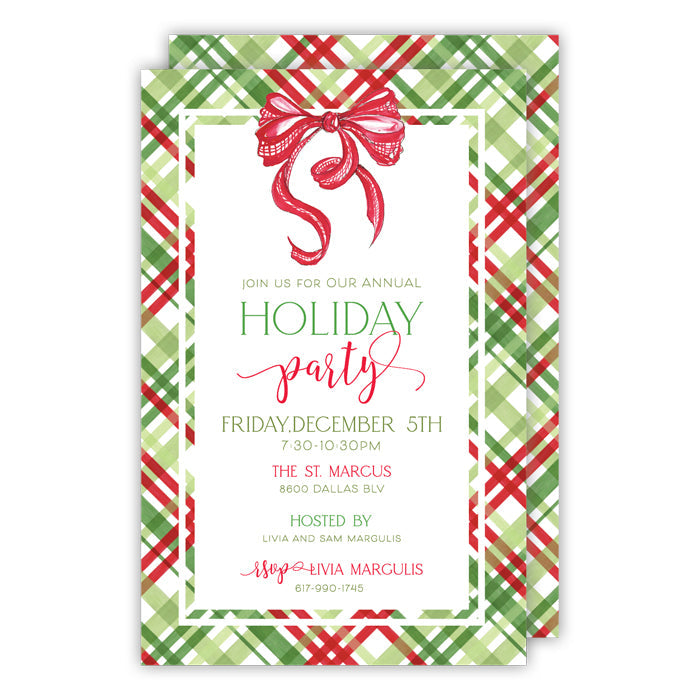 Red and Green Plaid with Red Bow Large Flat Invitation