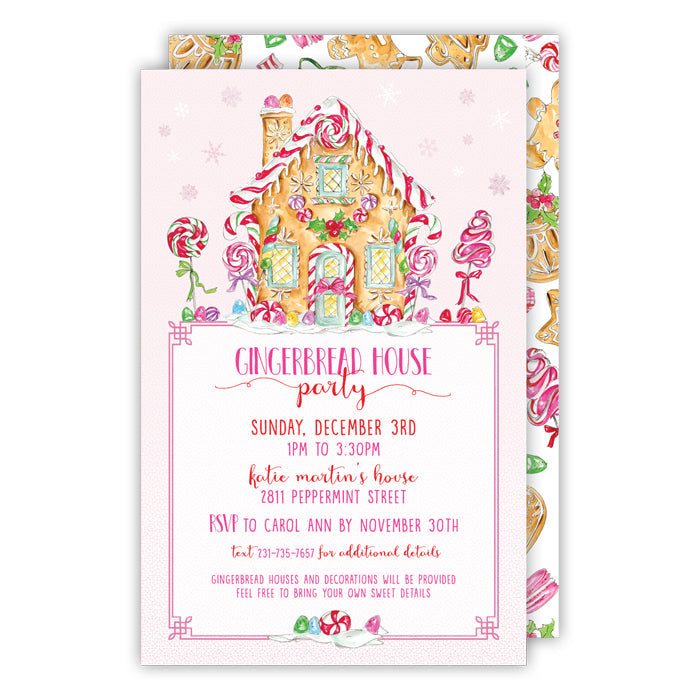 Pink Gingerbread House with Candy Large Flat Invitation