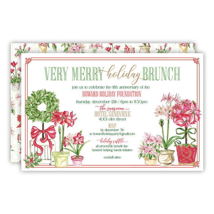 Christmas Poinsettia and Amaryllis Large Flat Invitation