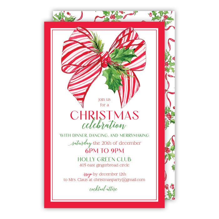 Red Christmas Bow with Holly Large Flat Invitation