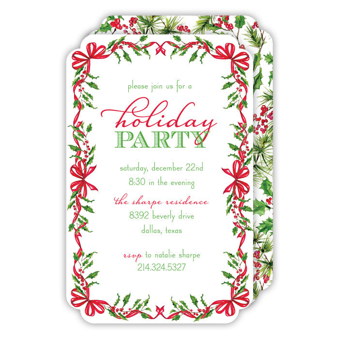 Hand Painted Holly Garland with Red Bows Large Die-Cut Invitation