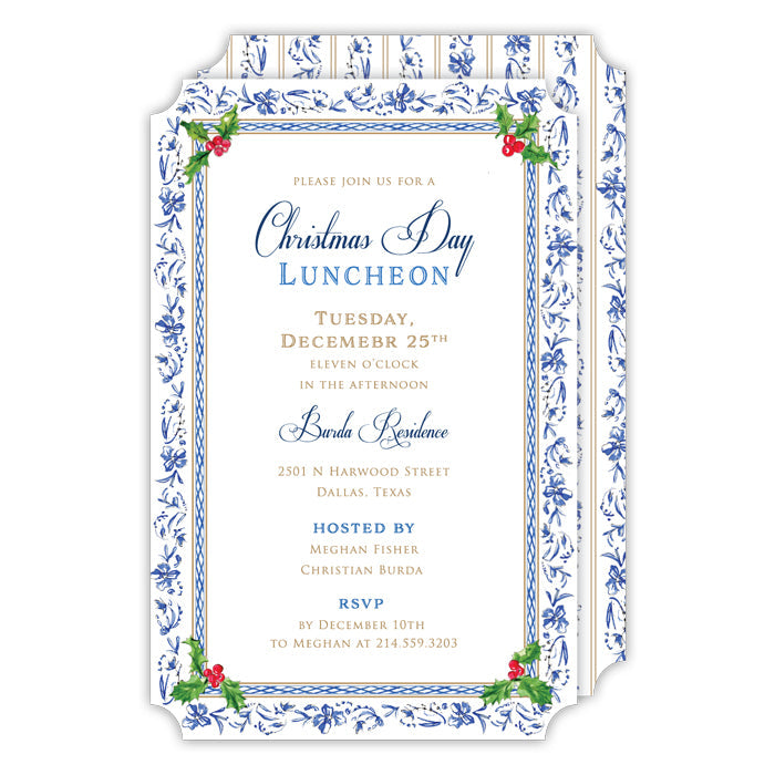 Blue Chinoiserie Border with Holly Large Die-Cut Invitation
