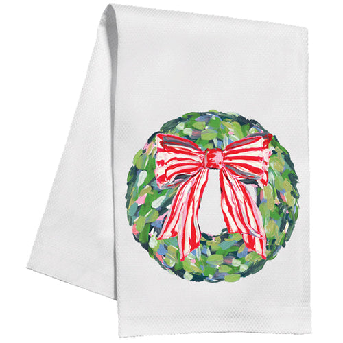 Lauren Dunn Wreath with Red and White Striped Bow Kitchen Towel