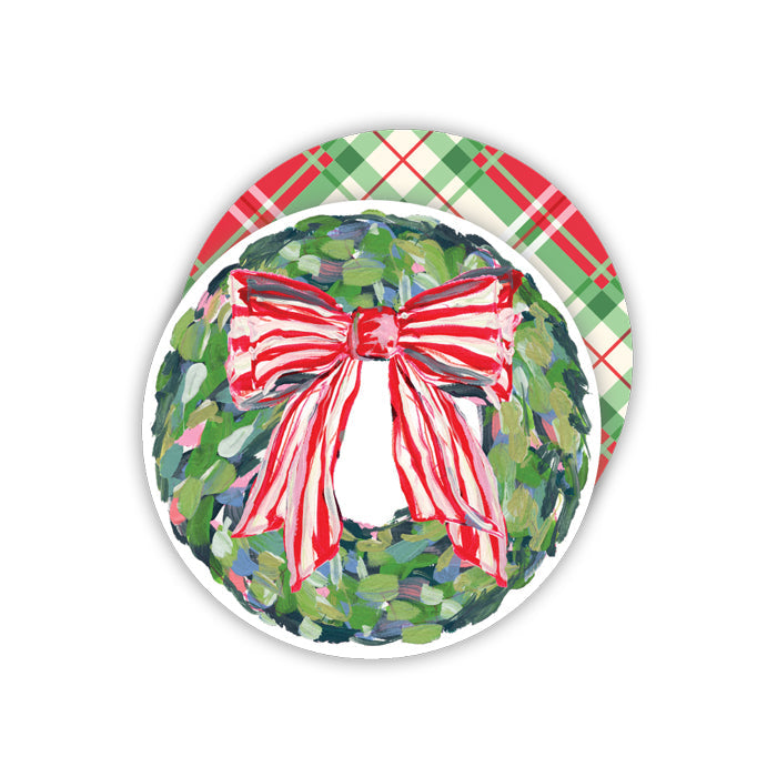 Lauren Dunn Wreath with Red and White Striped Bow Round Coasters