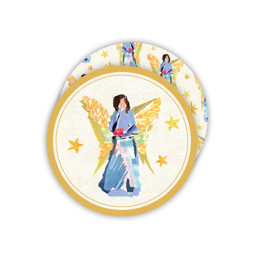 Lauren Dunn Blue Nativity Angel on Gold Round Coasters