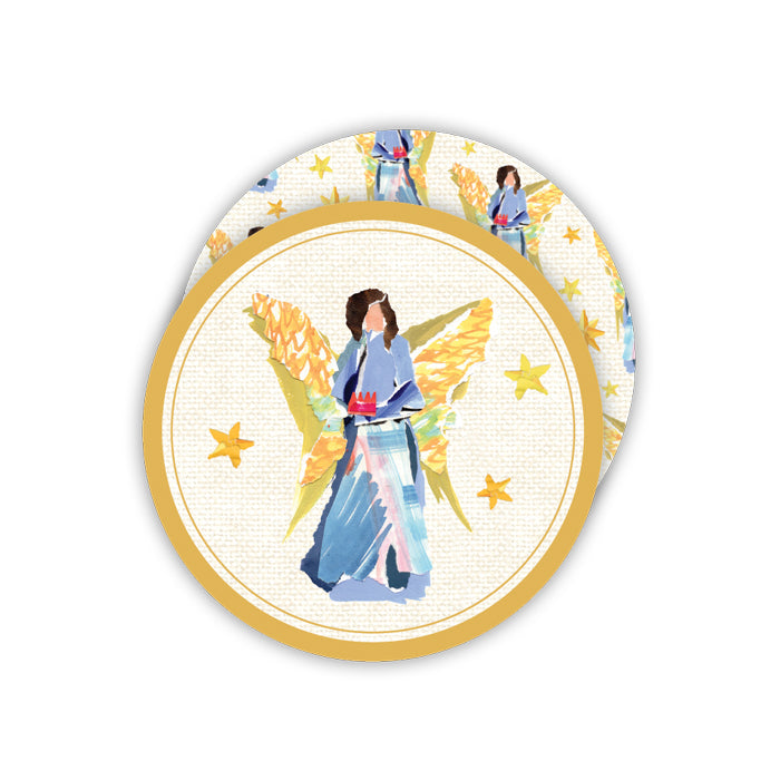 Lauren Dunn Blue Nativity Angel on Gold Round Coasters