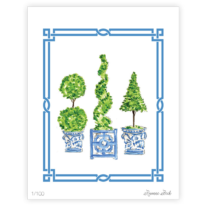 Topiary Trio with Asian Pot Watercolor Art Print
