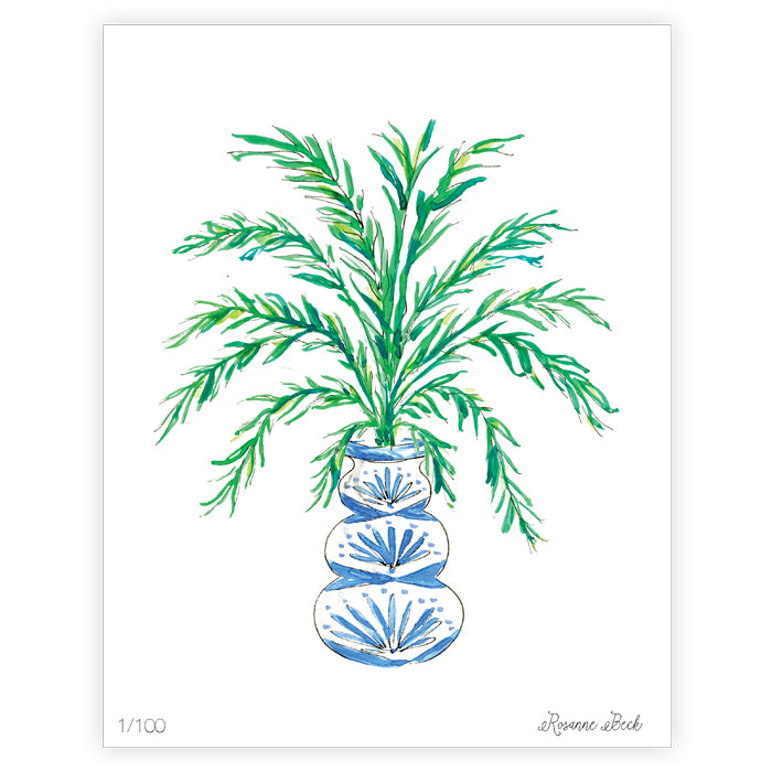 Potted Palm Blue Watercolor Art Print