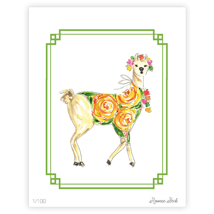 Green Llama Watercolor Art Print