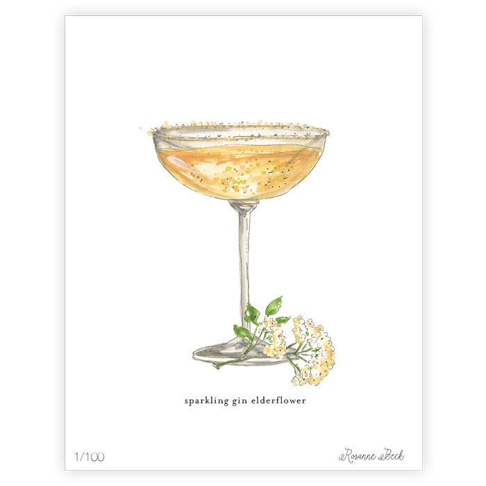 Sparkling Gin Elderflower Watercolor Art Print