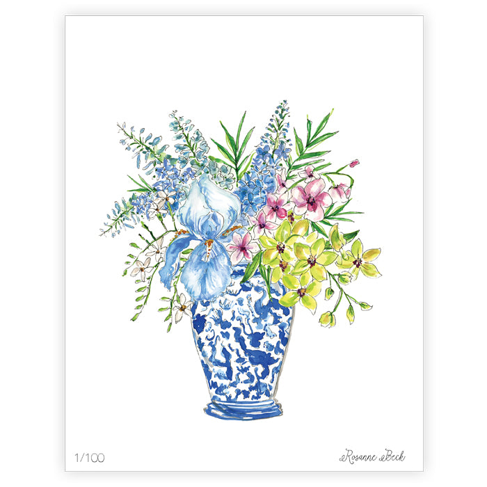 Handpainted Floral Blue Chinoiserie Vase Art Print
