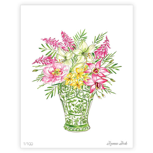 Handpainted Floral Green Chinoiserie Vase Art Print