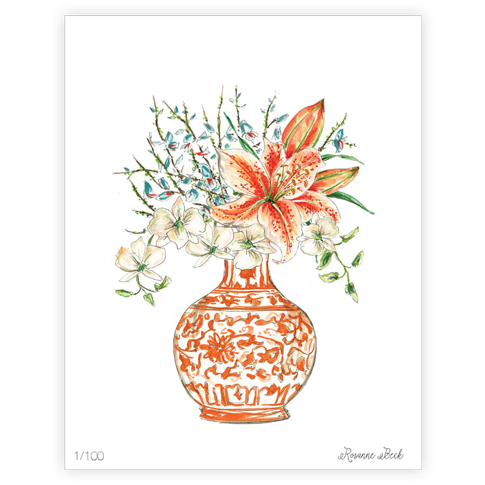 Handpainted Floral Tangerine Chinoiserie Art Print