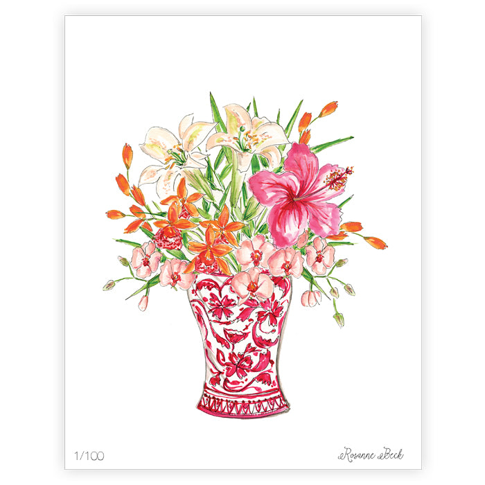 Handpainted Floral Red Chinoiserie Vase Art Print