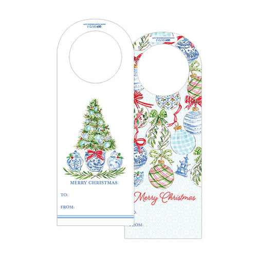 Blue Holiday Tree with Ginger Jars Wine Tag