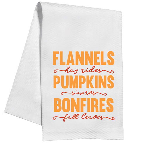 Flannels Hey Rides Pumpkins Smores Bonfires Fall Leaves Kitchen Towel