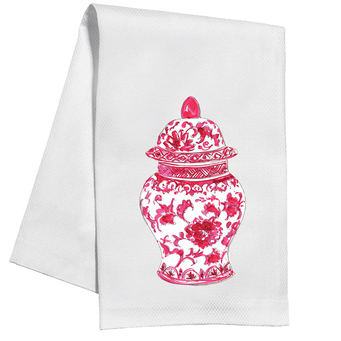 Handpainted Pink Chinoiserie Urn Kitchen Towel - Thumbnail 3