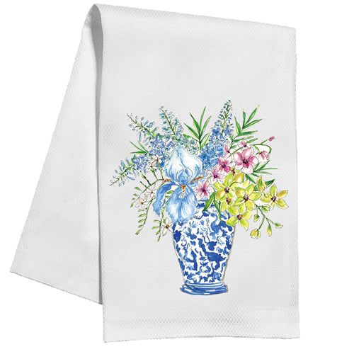 Handpainted Floral Blue Chinoiserie Vase Kitchen Towel