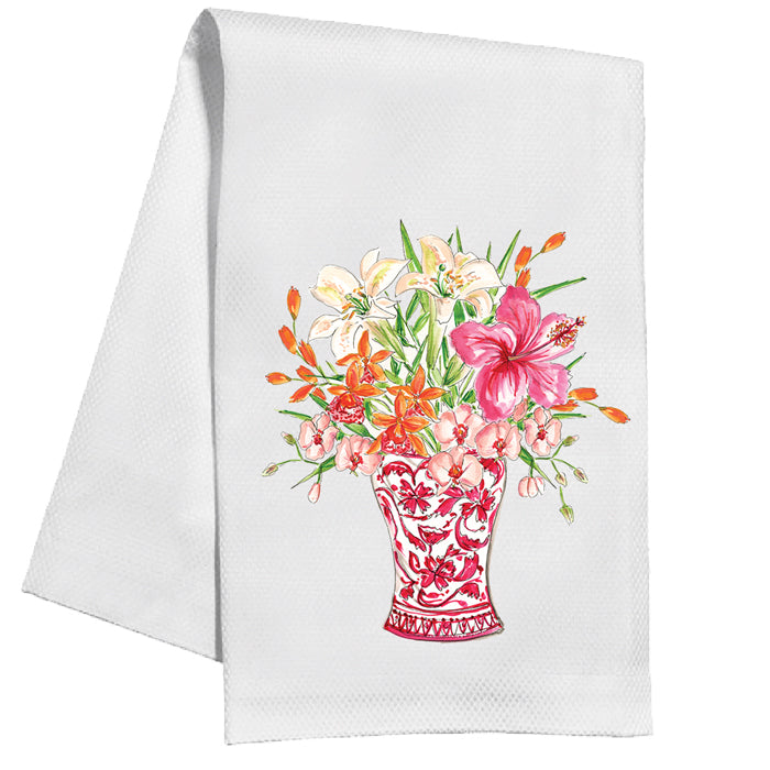 Handpainted Floral Red Chinoiserie Vase Kitchen Towel