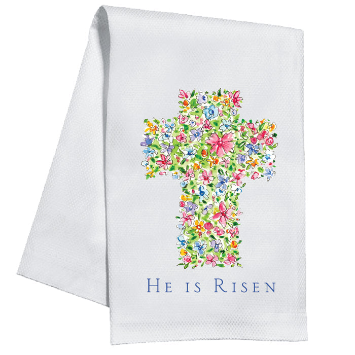 He Is Risen Handpainted Floral Cross Kitchen Towel