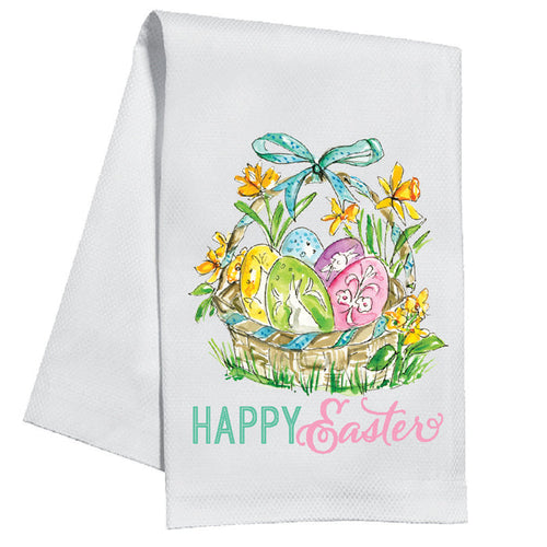 Happy Easter Handpainted Basket with Eggs Kitchen Towel