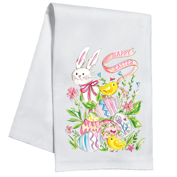 Happy Easter Handpainted Bunny with Eggs and Chic Kitchen Towel