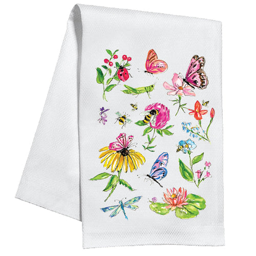 Handpainted Butterflies and Bees with Flowers Kitchen Towel