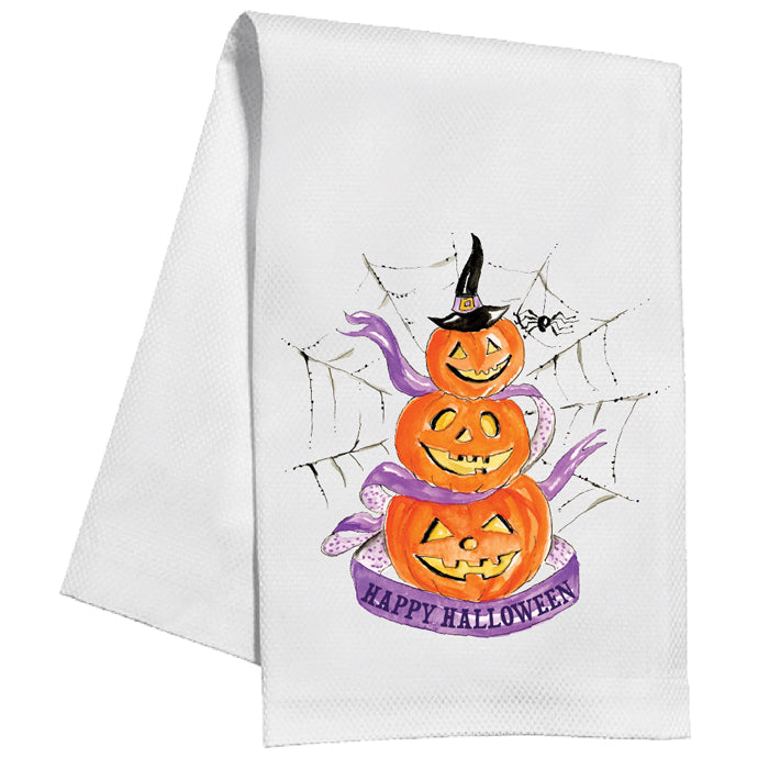 Halloween Pumpkin Tower with Spiderweb Kitchen Towel