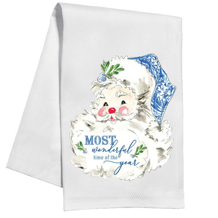 Most Wonderful Time Of The Year Blue Santa Kitchen Towel