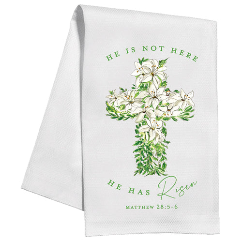 He Has Risen White Floral Cross Kitchen Towel