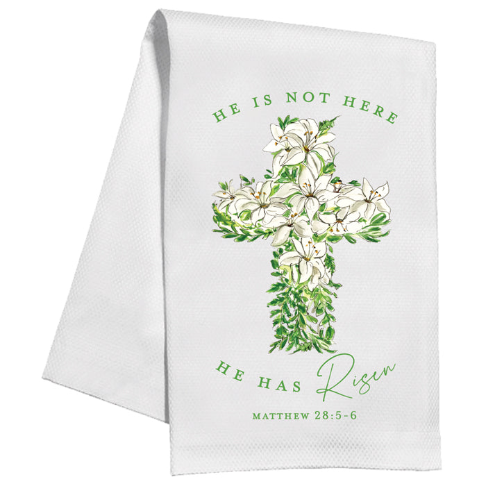 He Has Risen White Floral Cross Kitchen Towel