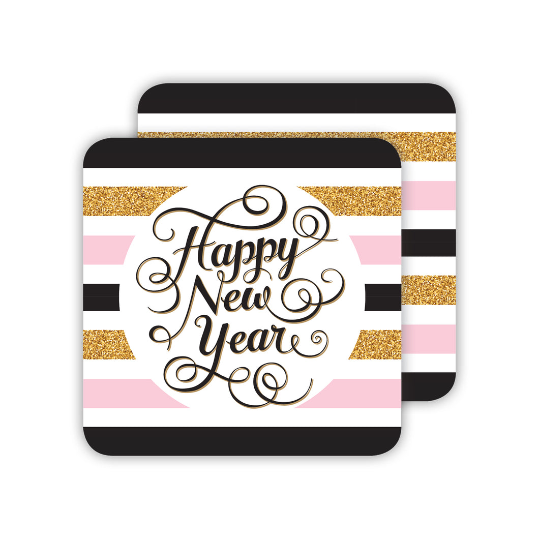 Happy New Year Stripes Paper Coasters