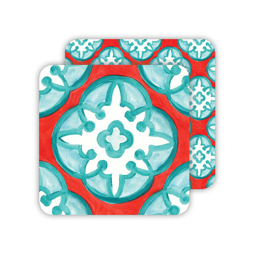 Handpainted Tiles Aqua and Red Paper Coasters