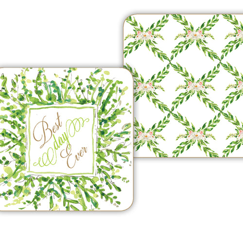 Best Day Ever-Floral Lattice Greenery Paper Coasters