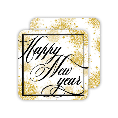 Happy New Year Gold-Gold Star Bursts Paper Coasters
