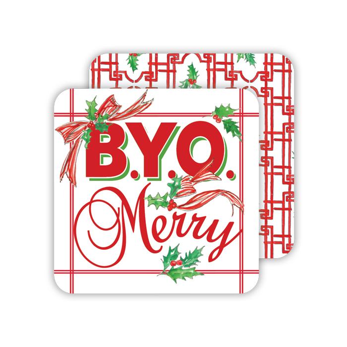 BYO Merry/Handpainted Red Trellis with Holly Paper Coasters