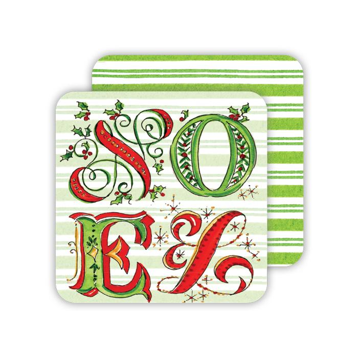 NOEL with Holly/Green and White Stripes Paper Coasters