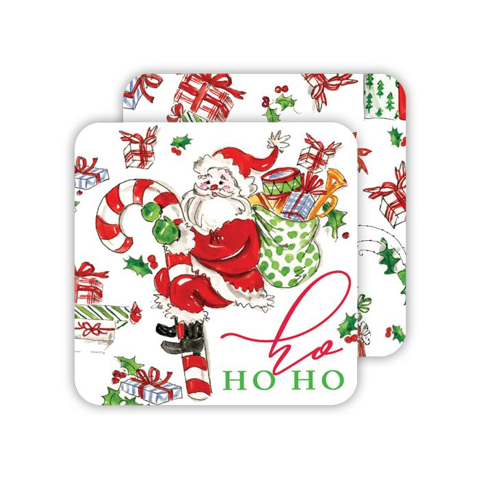 Ho Ho Ho Merry Christmas Santa with Candy Cane/Handpainted Packages Paper Coasters