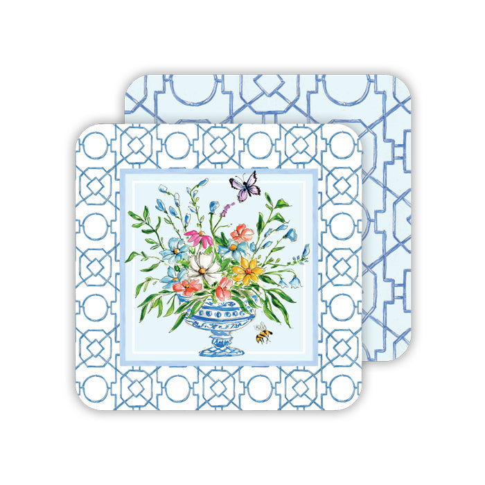 Blue Wonderland Floral Arrangement & Bamboo Trellis Paper Coasters