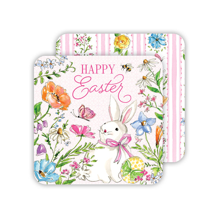 Pink Spring Bunnies Happy Easter Paper Coasters
