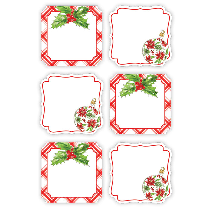 Red Plaid Holly and Ornament Die-Cut Sticker Sheet