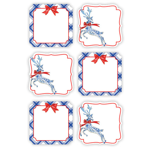 Blue Plaid Red Bow Holiday Reindeer Die-Cut Sticker Sheet