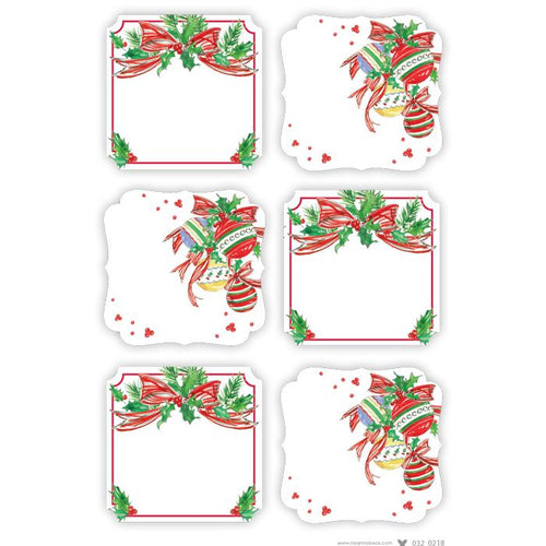 Handpainted Red Bow With Holly and Holiday Ornaments Die-Cut Sticker Sheets